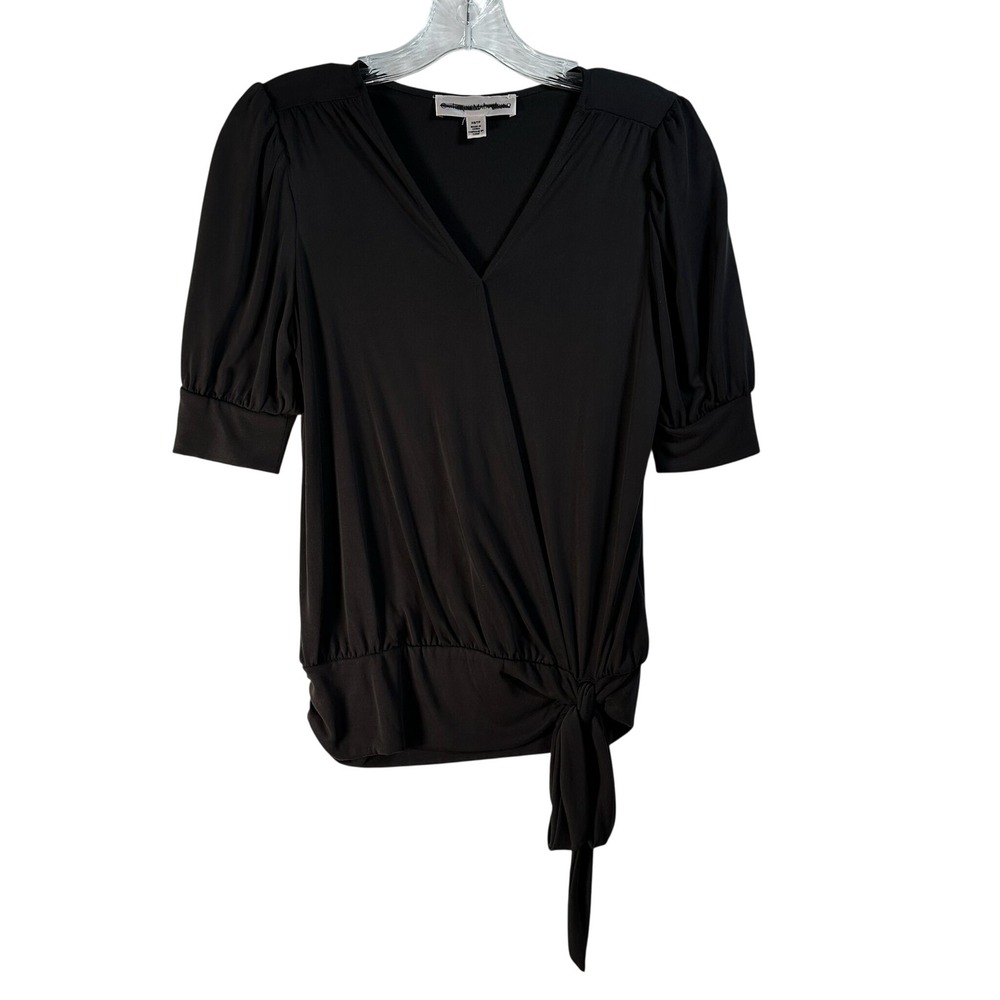 Catherine Malandrino Black Faux Wrap Puff Sleeve Side Tie Blouse Top XS